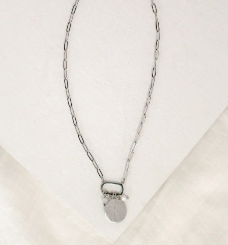 Short Necklace | Round Starburst Pendant. Silver