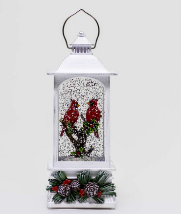 Cardinals & Pinecones - LED Glitter Water Spinning White Lantern