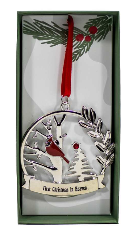 Silver Cardinal Ornament – "First Christmas in Heaven"