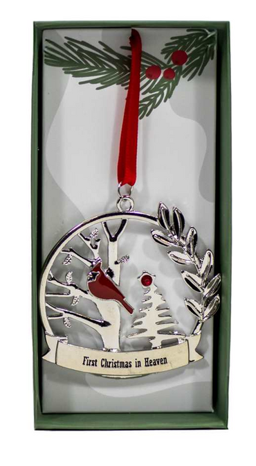 Silver Cardinal Ornament – "First Christmas in Heaven"