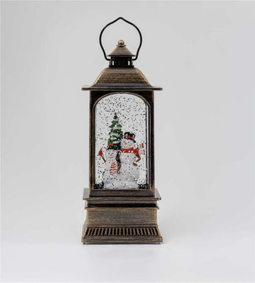 Bronze Glitter Lantern – Snowmen & Flocked Tree