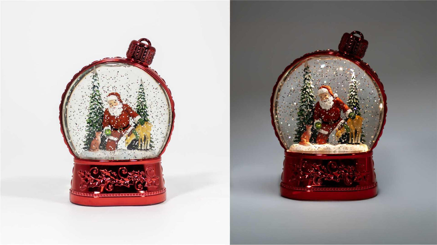 LED Swirling Glitter Ornament Lantern with Santa – Metallic Red