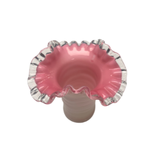 Vintage Pink Milk Glass Peach Crest Vase with Ruffled Top – 5.75"