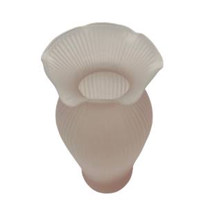 Vintage Frosted Pink Ribbed Glass Vase with Ruffled Top – 7.5"