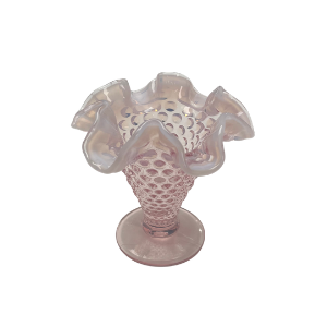 Vintage Fenton Pink Opalescent Hobnail Vase with Milky Ruffled Top – 4"