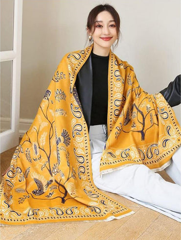 Mustard & Navy Paisley Print Blanket Scarf