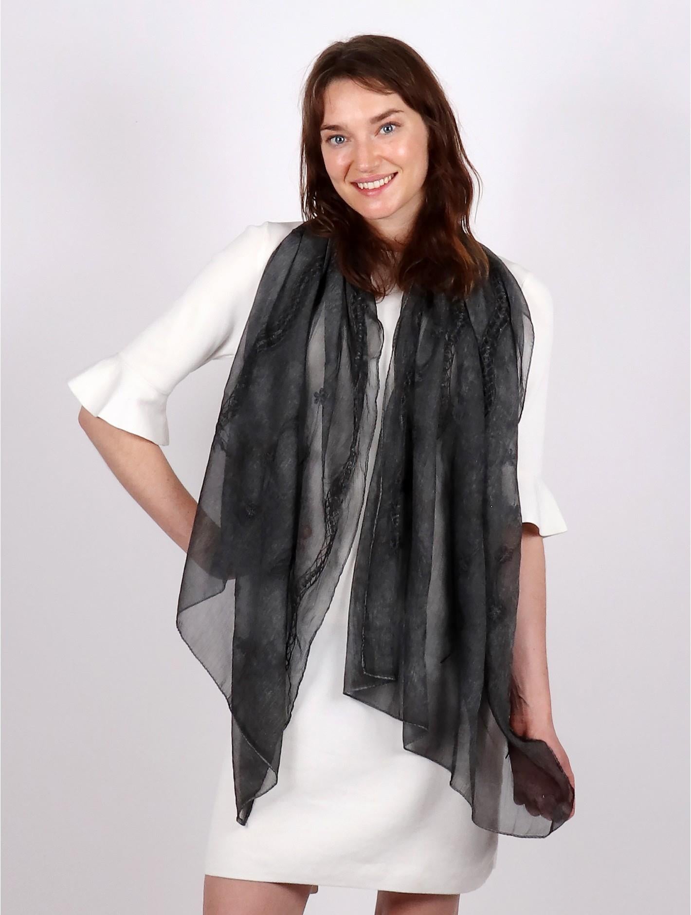 Charcoal Grey Lightweight Flower & Lace Embroidered Scarf