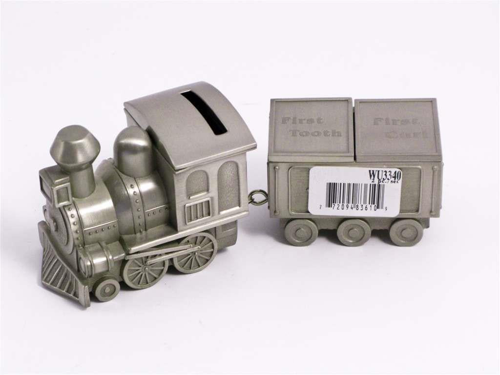 Pewter Train Money Bank – 2-Piece “First Tooth / First Curl” Set