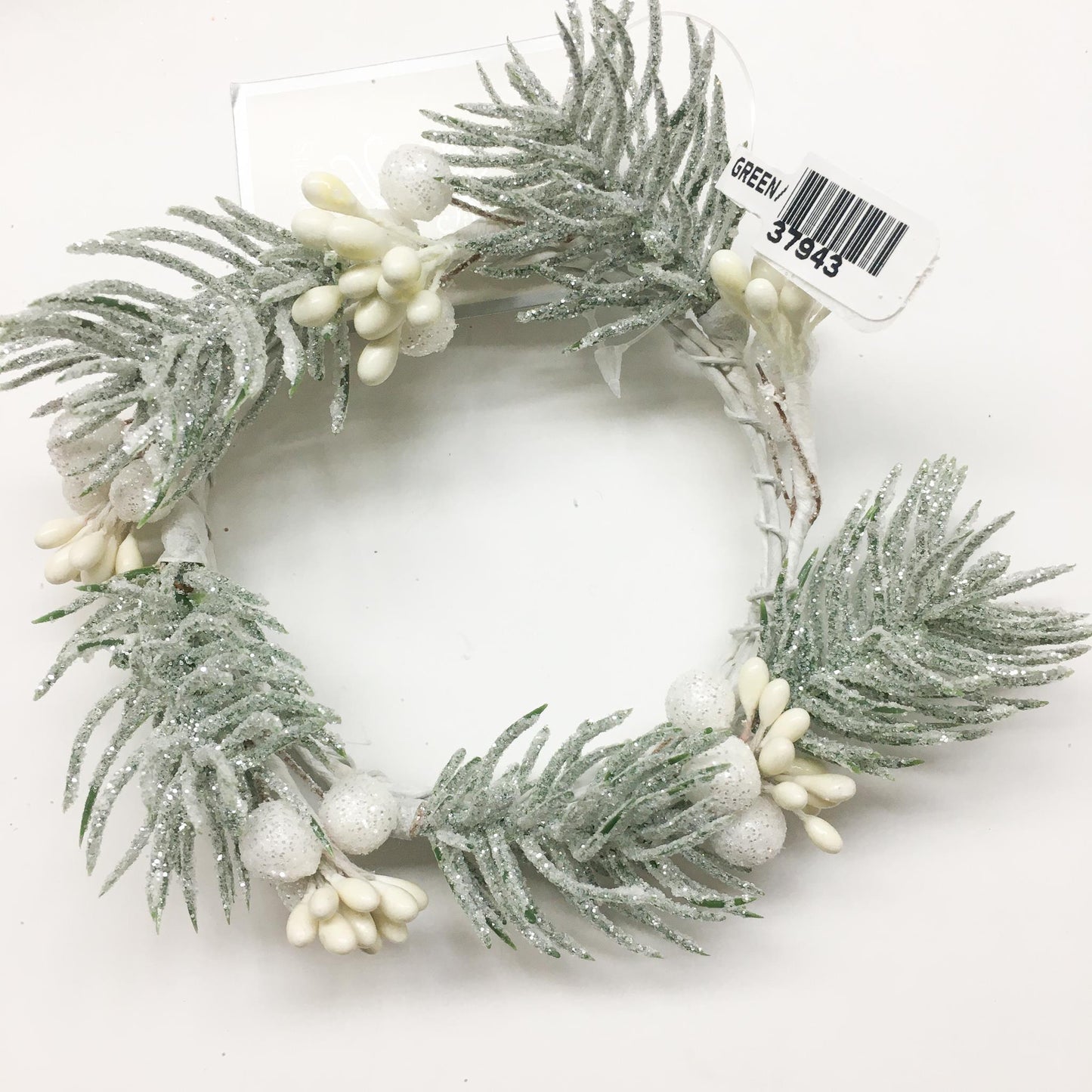Sparkle Pine Candle Ring with White Berries – 2" Inner Diameter, Pale Green