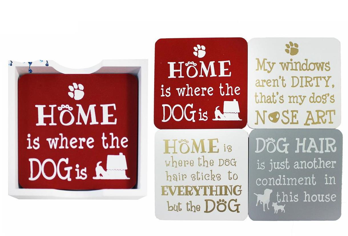 4-Piece Coaster Set with Tray – Dog Sayings