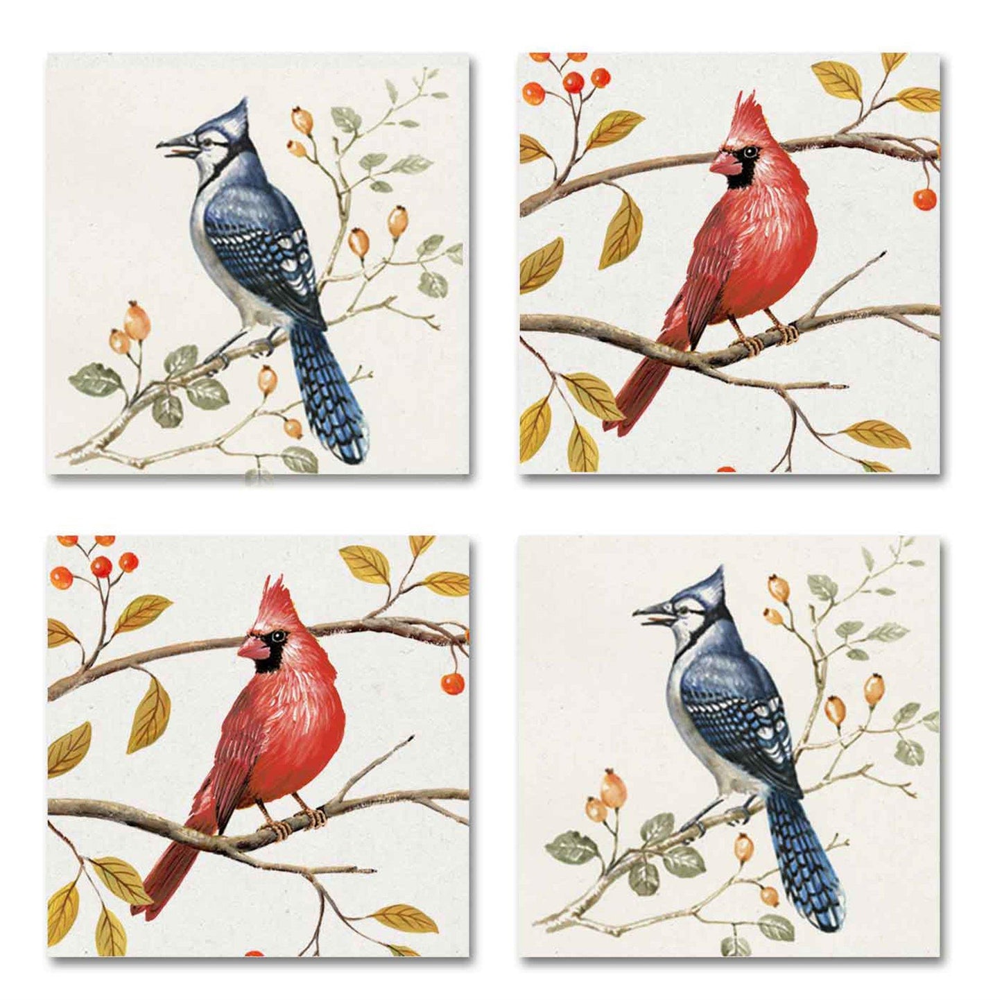 4-Piece Cardinal & Blue Jay Stone-Look Coaster Set