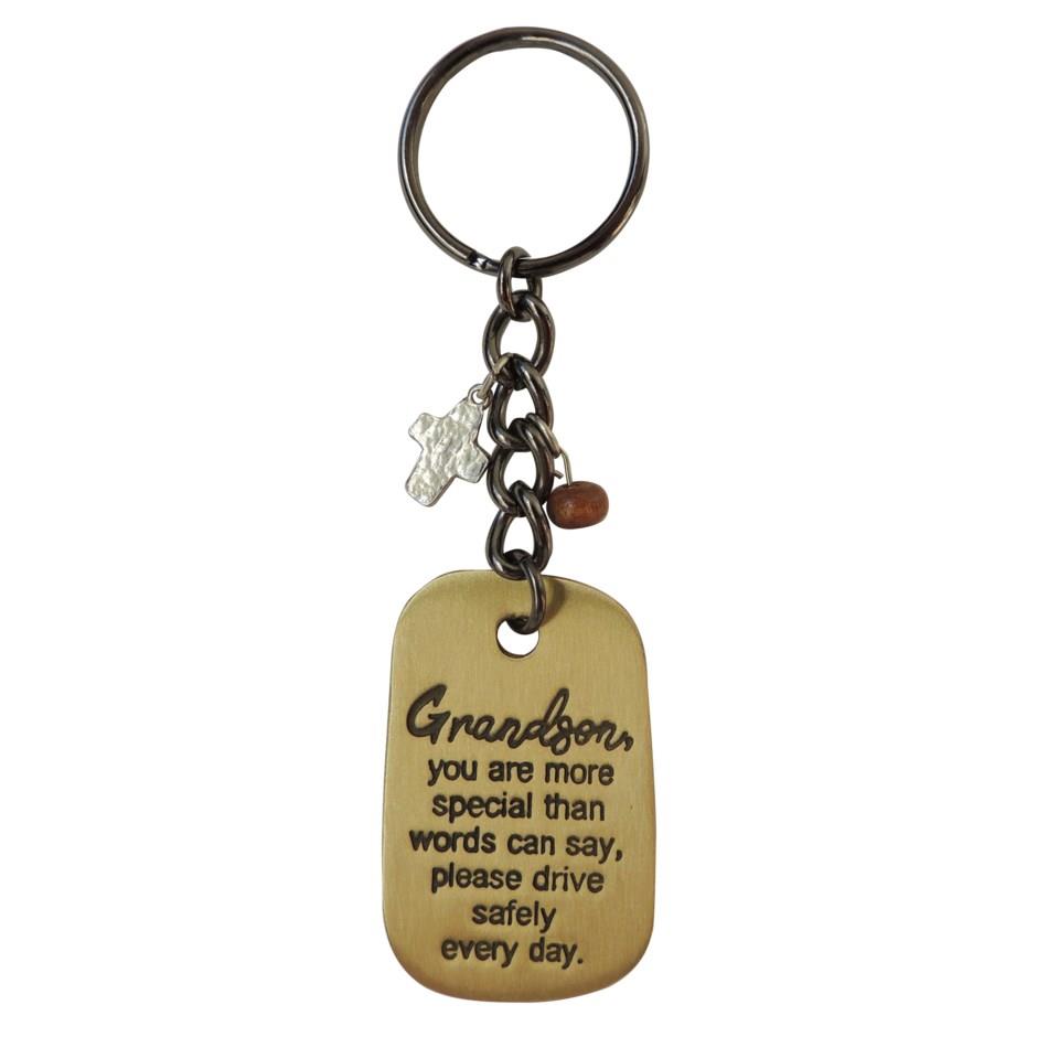 Grandson Dog Tag Key Ring with Wood Bead and Charm