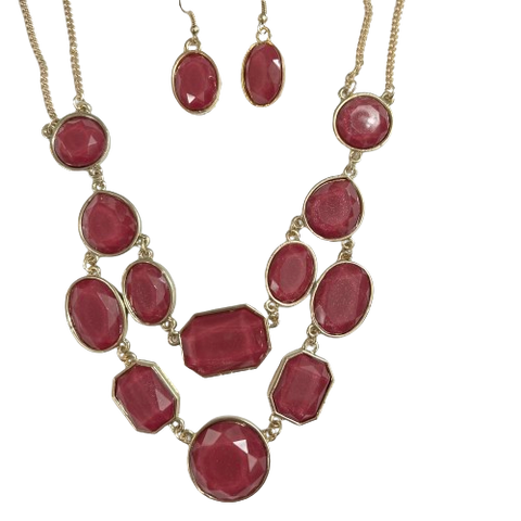 Dark Pink Gems Necklace & Earring Set