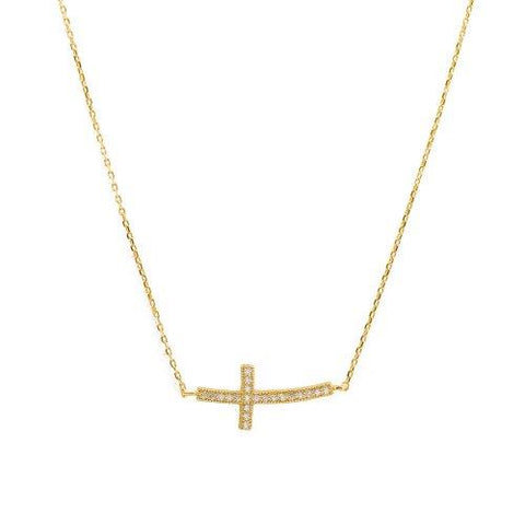 Curved Cross Necklace with Crystals