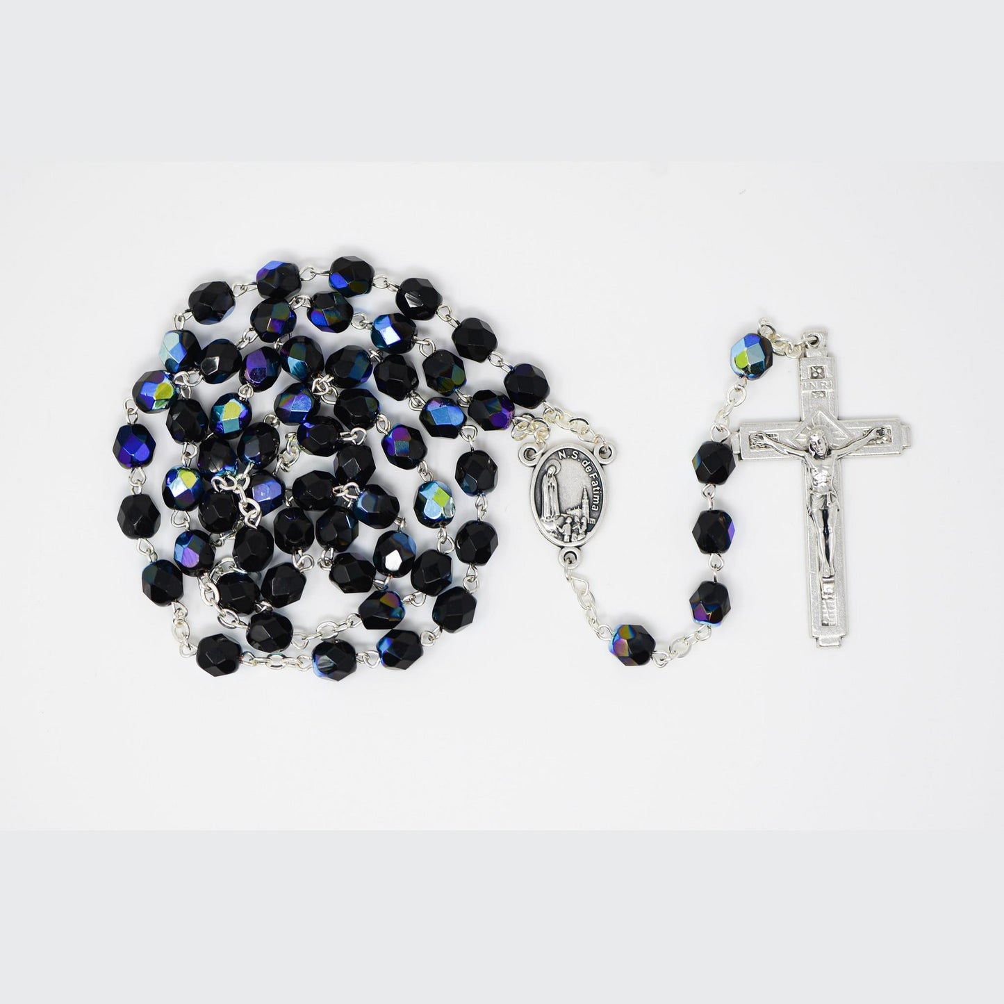 Jet Crystal Rosary – Silver Crucifix