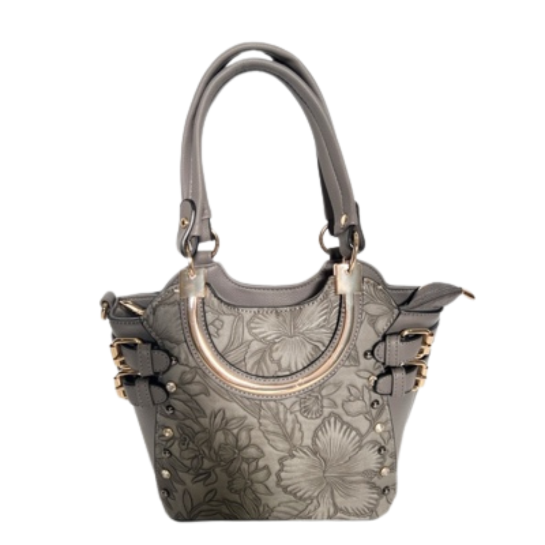 Grey Purse with Floral Tooled Leather Design