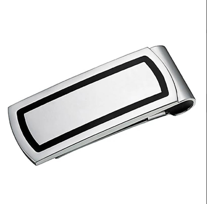Silver Money Clip with Black Enamel Rectangle Trim