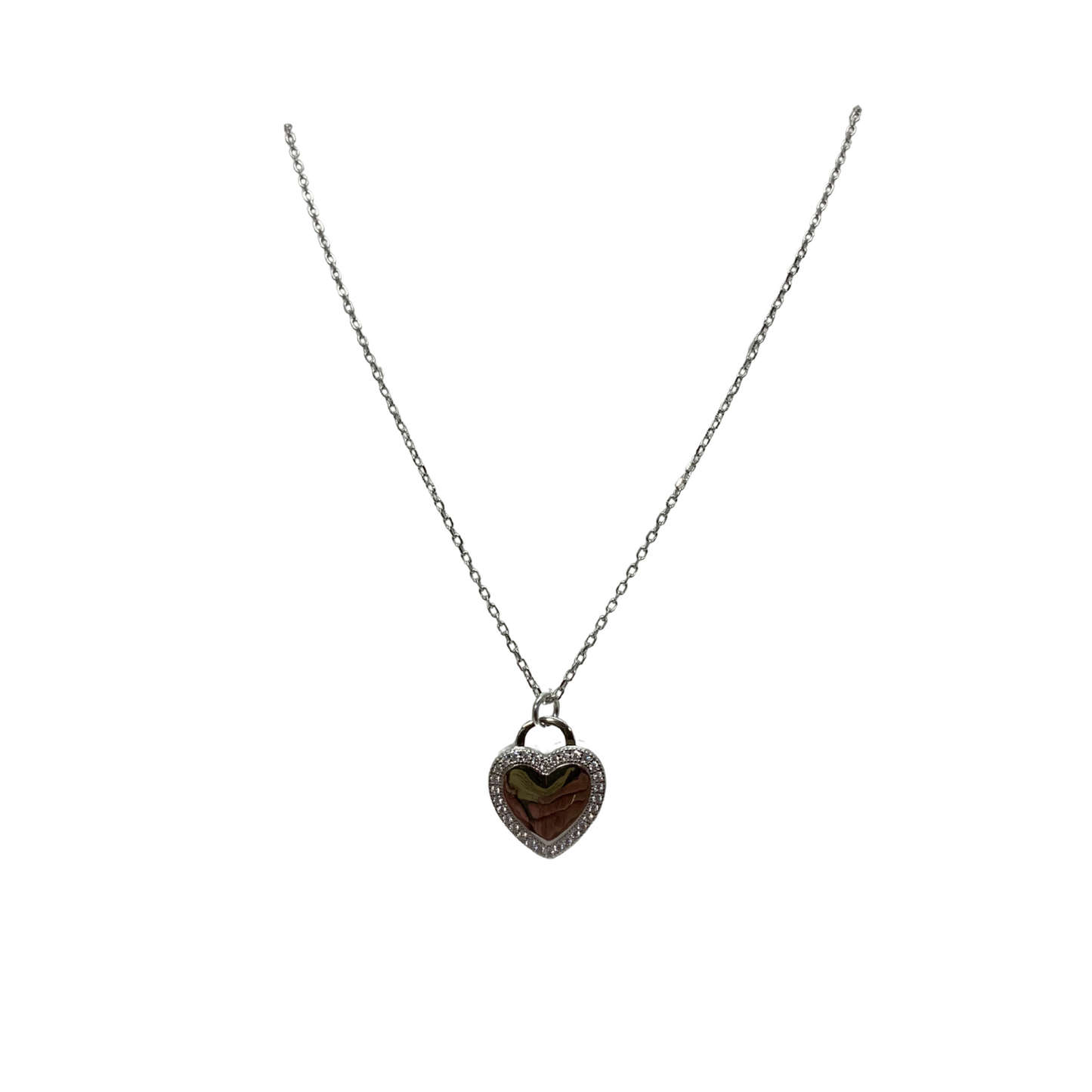 Necklace-Silver Heart with Cubic Zirconia Border
