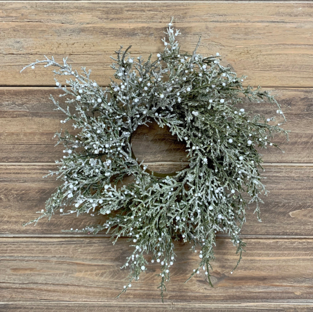 Glittered Cedar & White Berries Candle Ring – 3" Inner, 11" Outer