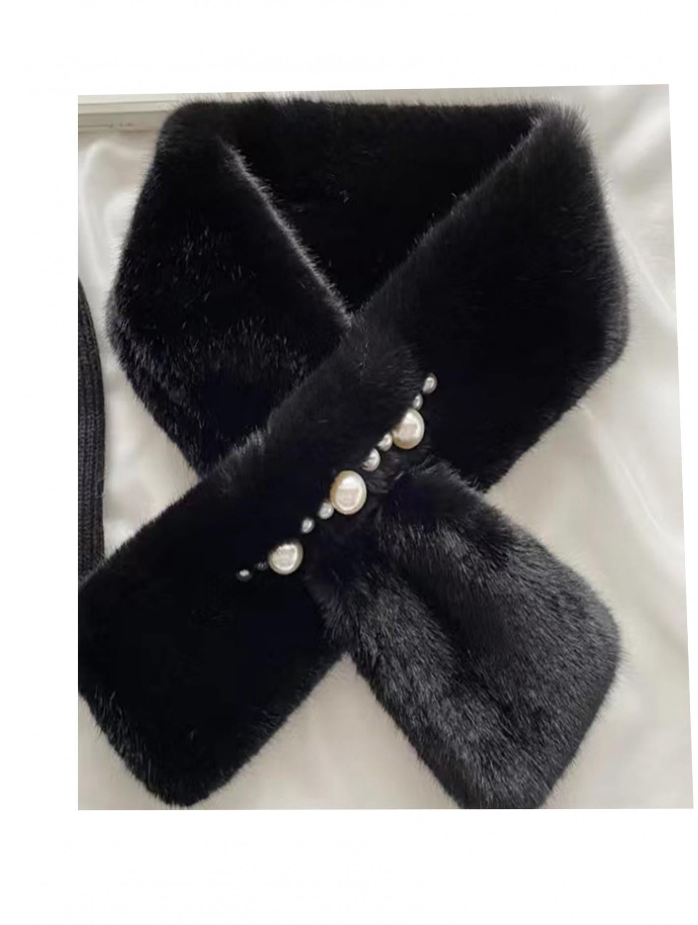 Plush Black Scarf with Pearls