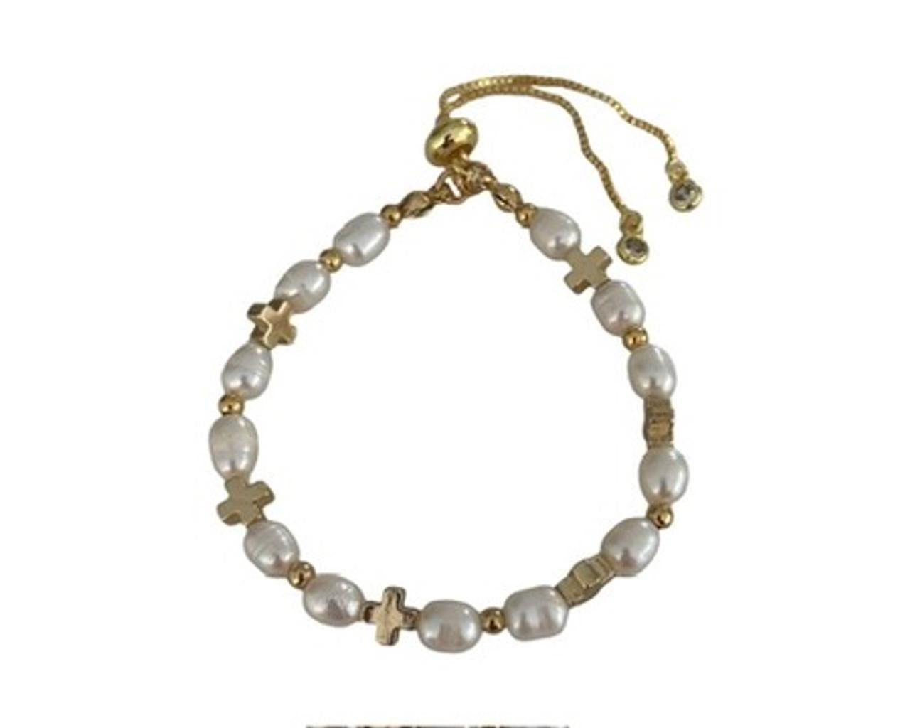 Pearl Bracelet wtih Gold Crosses