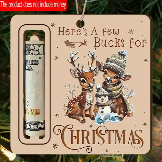 Wooden Ornament to Hold Money with Deer and Snowmen