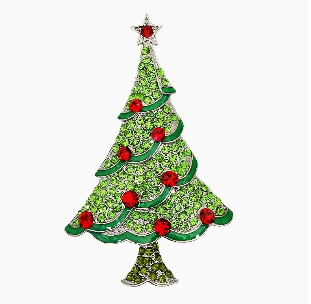 Christmas Tree Brooch – Green & Red Rhinestones