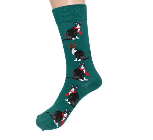 Dark Teal Christmas Cat Socks