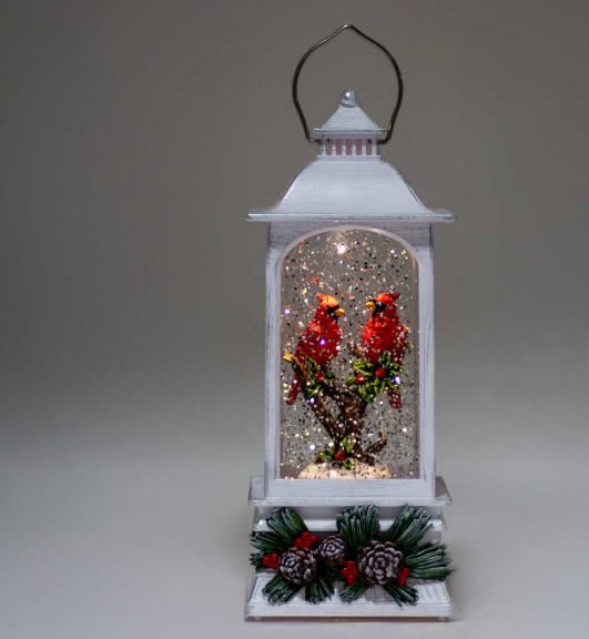 Cardinals & Pinecones - LED Glitter Water Spinning White Lantern