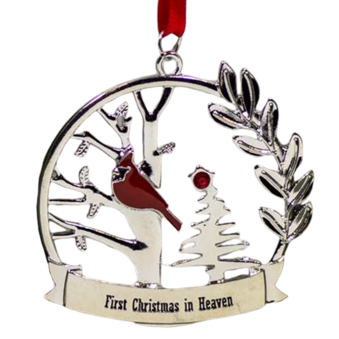 Silver Cardinal Ornament – "First Christmas in Heaven"