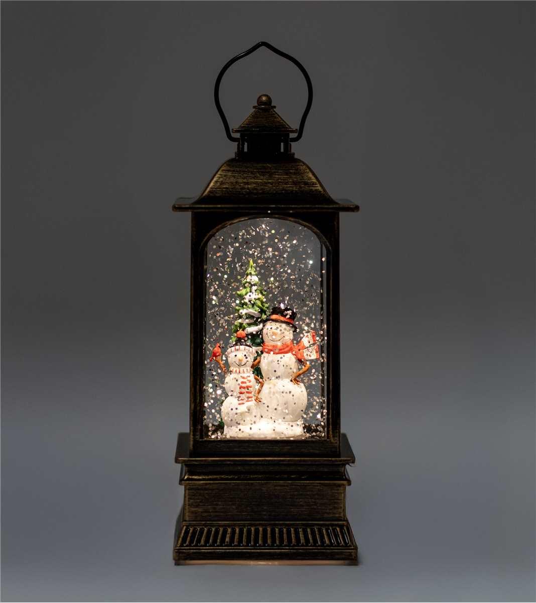 Bronze Glitter Lantern – Snowmen & Flocked Tree