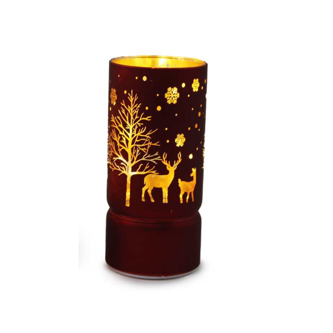 Glass Hurricane with LED Light String – Red Deer & Trees
