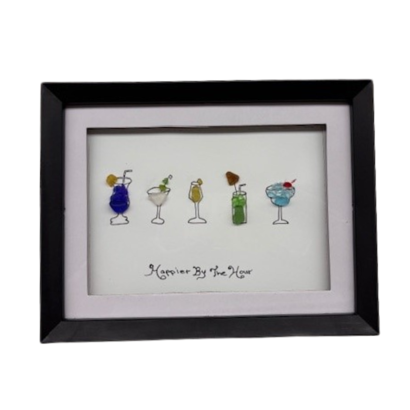 Sea Glass Art “Happier by the Hour” – 8.5" x 7" Shadowbox Frame
