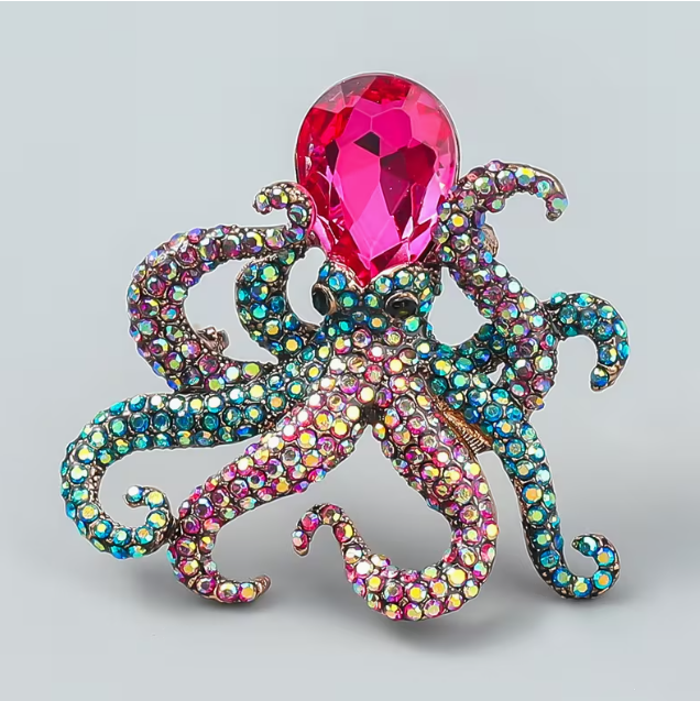 Octopus Brooch with Rhinestones