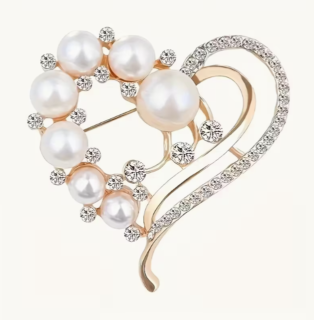 Heart Brooch with Pearls & Rhinestones