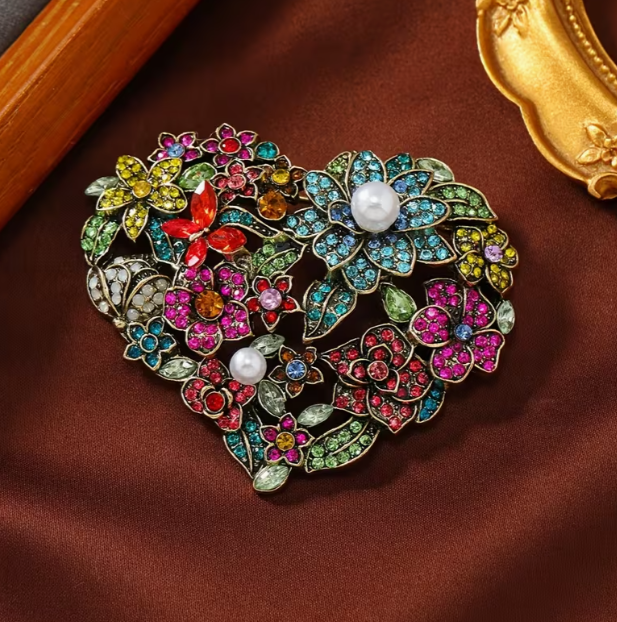 Floral Heart Brooch with Multicolour Rhinestones