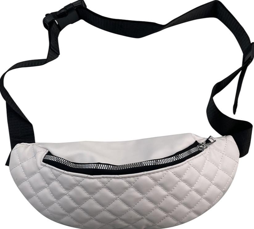 White Quilted Vegan Leather Belt Bag with Woven Adjustable Strap