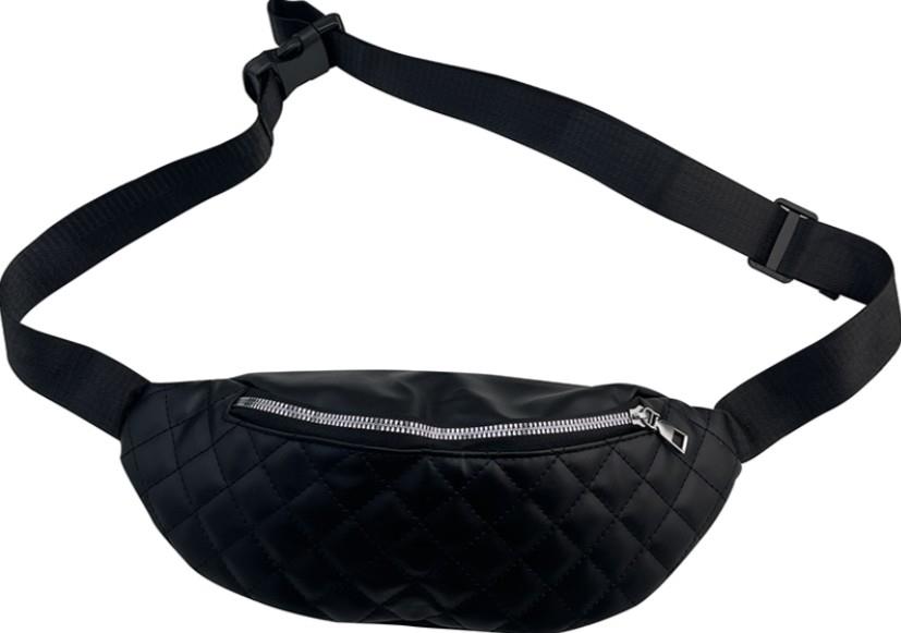 Black Quilted Vegan Leather Belt Bag with Woven Adjustable Strap