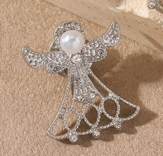 Silver Tone Angel Brooch with Rhinestones and Pearl Head