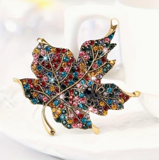 Maple Leaf Brooch with Jewel-Toned Rhinestones and Black Butterfly