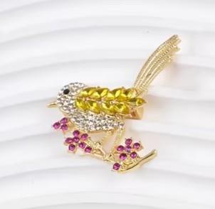 Magpie Brooch with Yellow, Clear & Pink Rhinestones