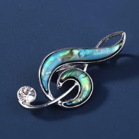 Silver Tone Treble Clef Brooch with Abalone Inlay – Convertible Pendant