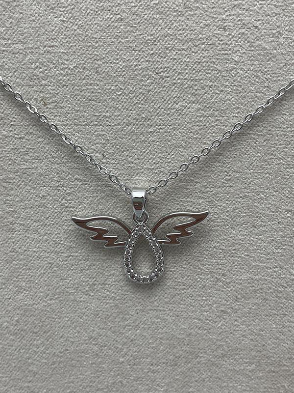 Silver Angel Teardrop Necklace with Rhinestones