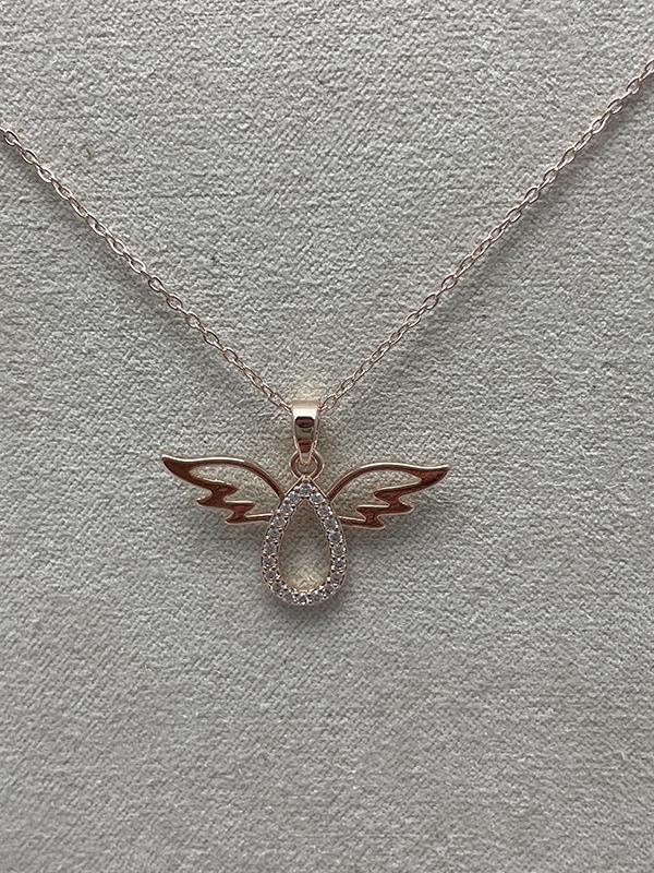 Rose Gold Angel Teardrop Necklace with Rhinestones