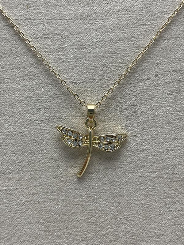 Gold Dragonfly Teardrop Necklace with Rhinestones