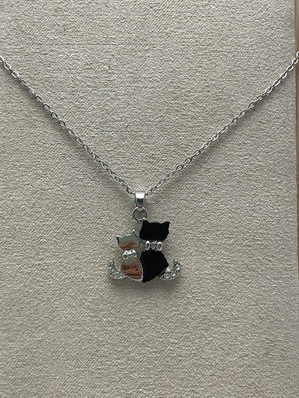 Silver Two Cats Necklace with Black Enamel & Rhinestones