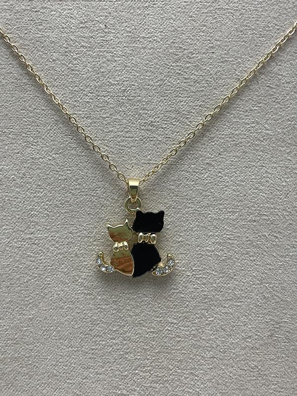 Gold Two Cats Necklace with Black Enamel & Rhinestones