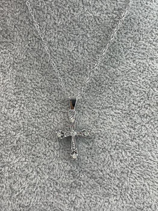 Silver Ornate Cross Necklace with 5 Rhinestones