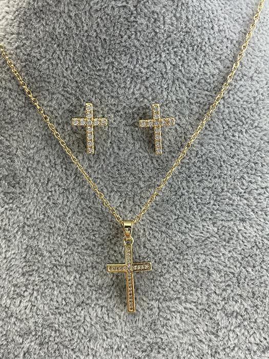 Gold Tone Cross Necklace & Earring Set