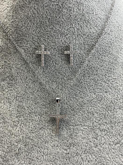 Silver Tone Cross Necklace & Earring Set